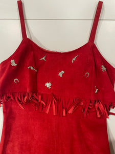 Vintage 1980-1990s Red Suede Leather Fringe Cowgirl Mini Dress