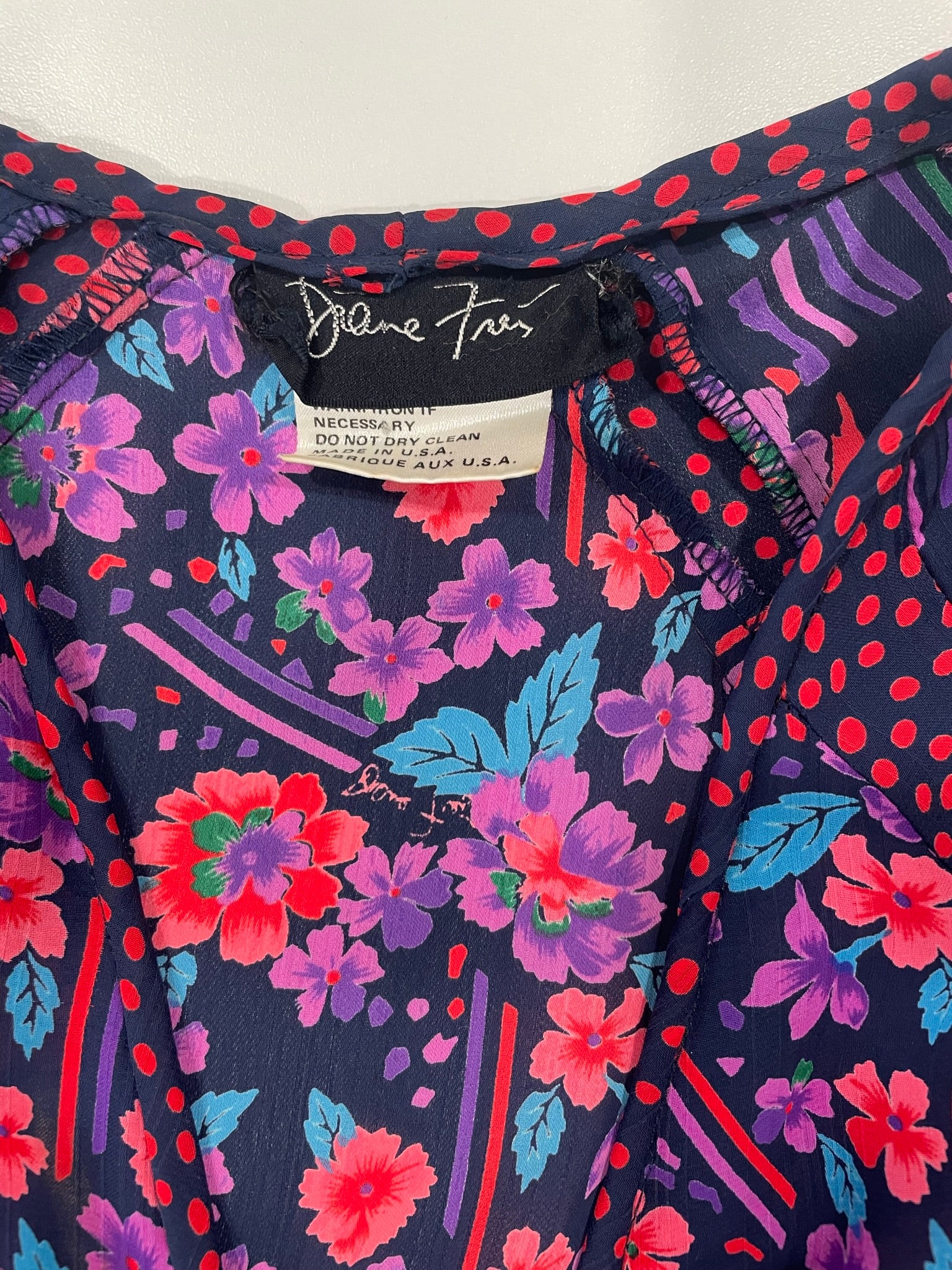 Vintage 1980s Diane Freis Floral Dot Mixed Print V-Neck Maxi Dress