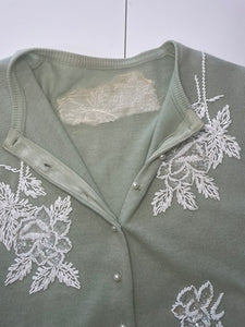 Vintage 1950s Sage Green Hand Beaded Cardigan Sweater