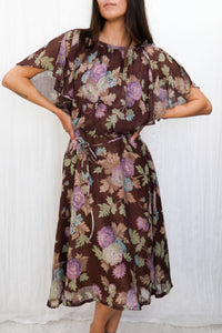 Vintage 1970s Floral Print Flutter Sleeve Knee-Length Dress