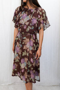 Vintage 1970s Floral Print Flutter Sleeve Knee-Length Dress