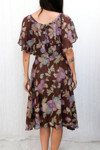 Vintage 1970s Floral Print Flutter Sleeve Knee-Length Dress