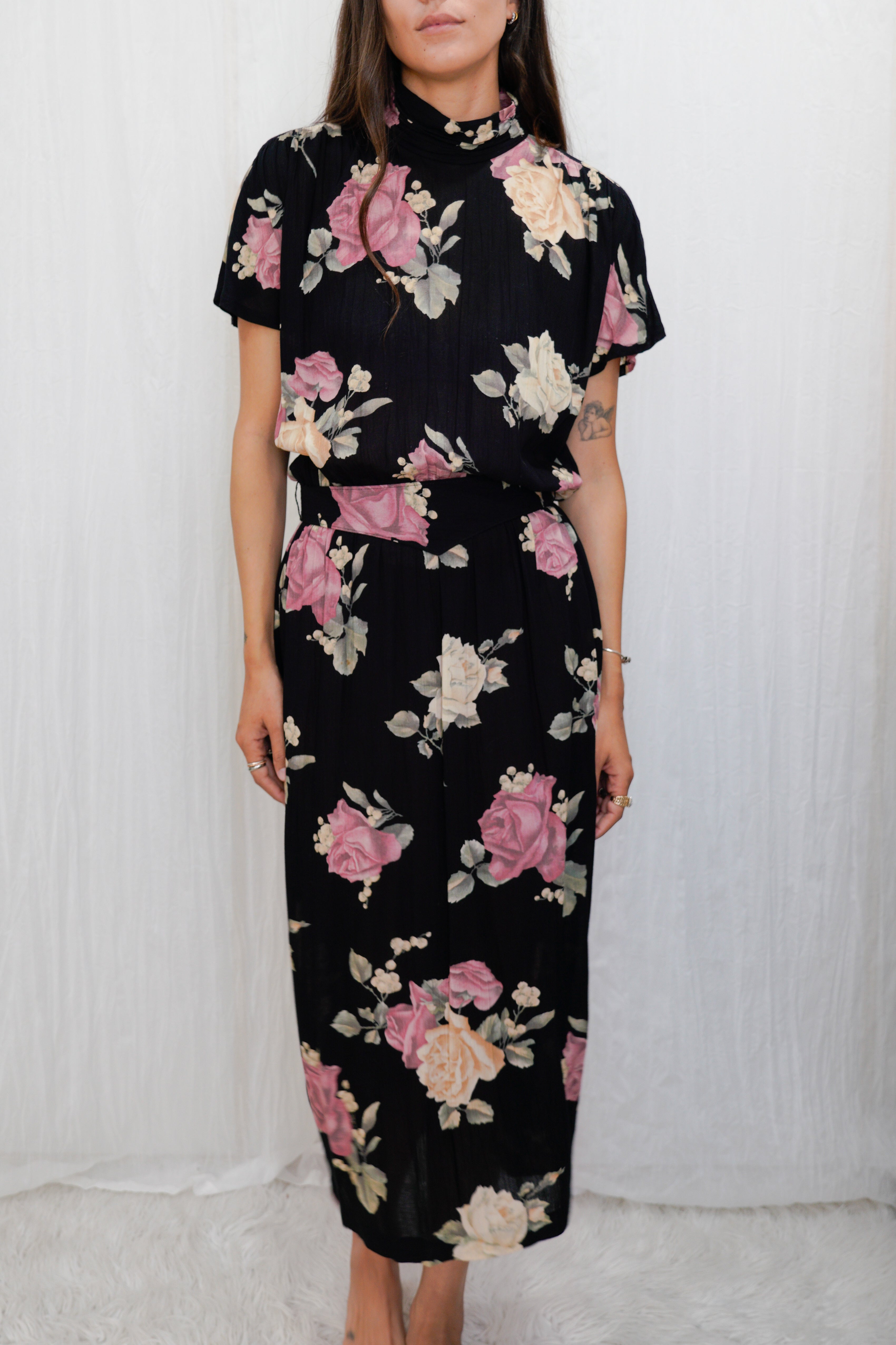 Vintage 1980-1990s Floral Rose Print Rayon Belted Maxi Dress