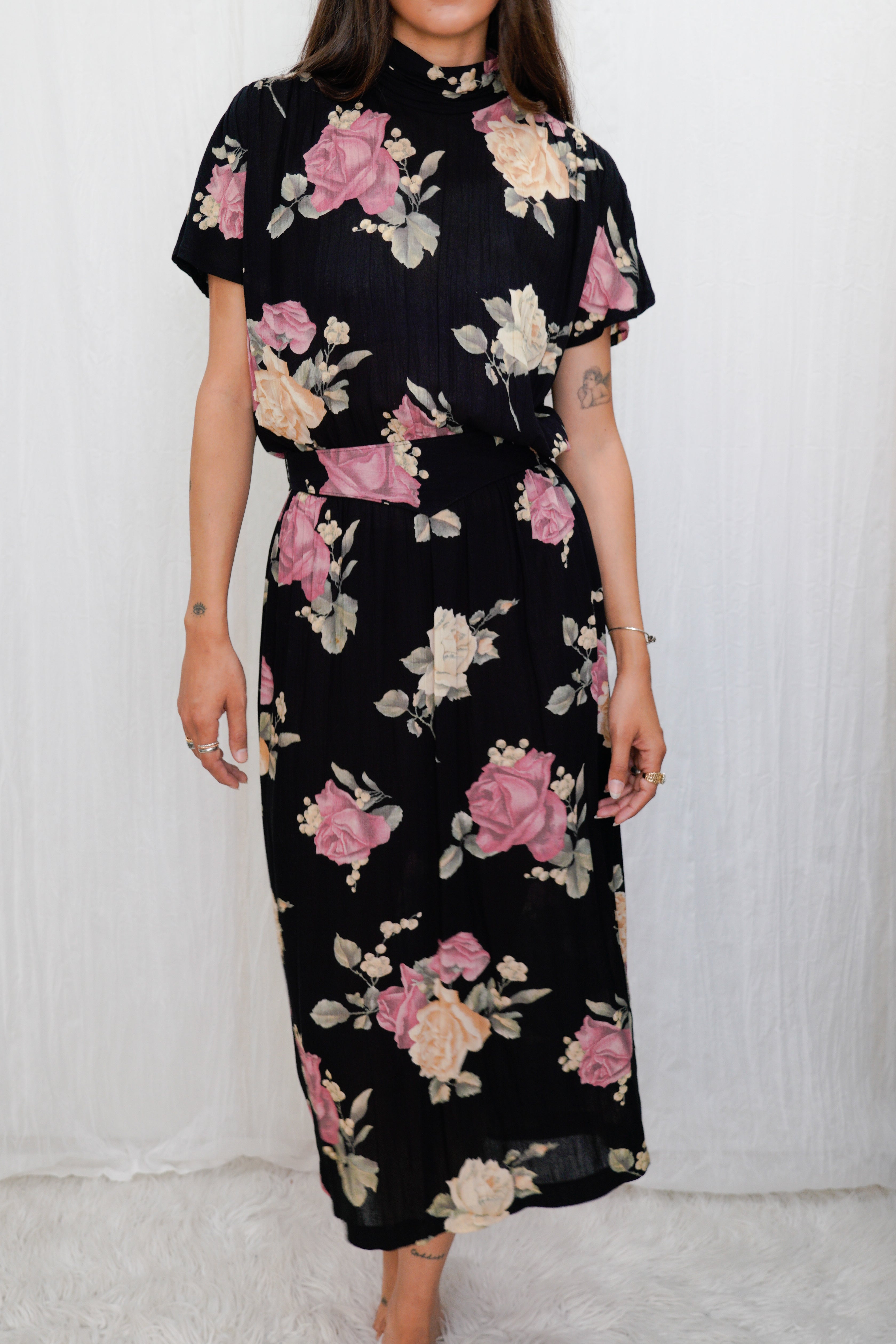 Vintage 1980-1990s Floral Rose Print Rayon Belted Maxi Dress