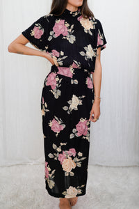 Vintage 1980-1990s Floral Rose Print Rayon Belted Maxi Dress