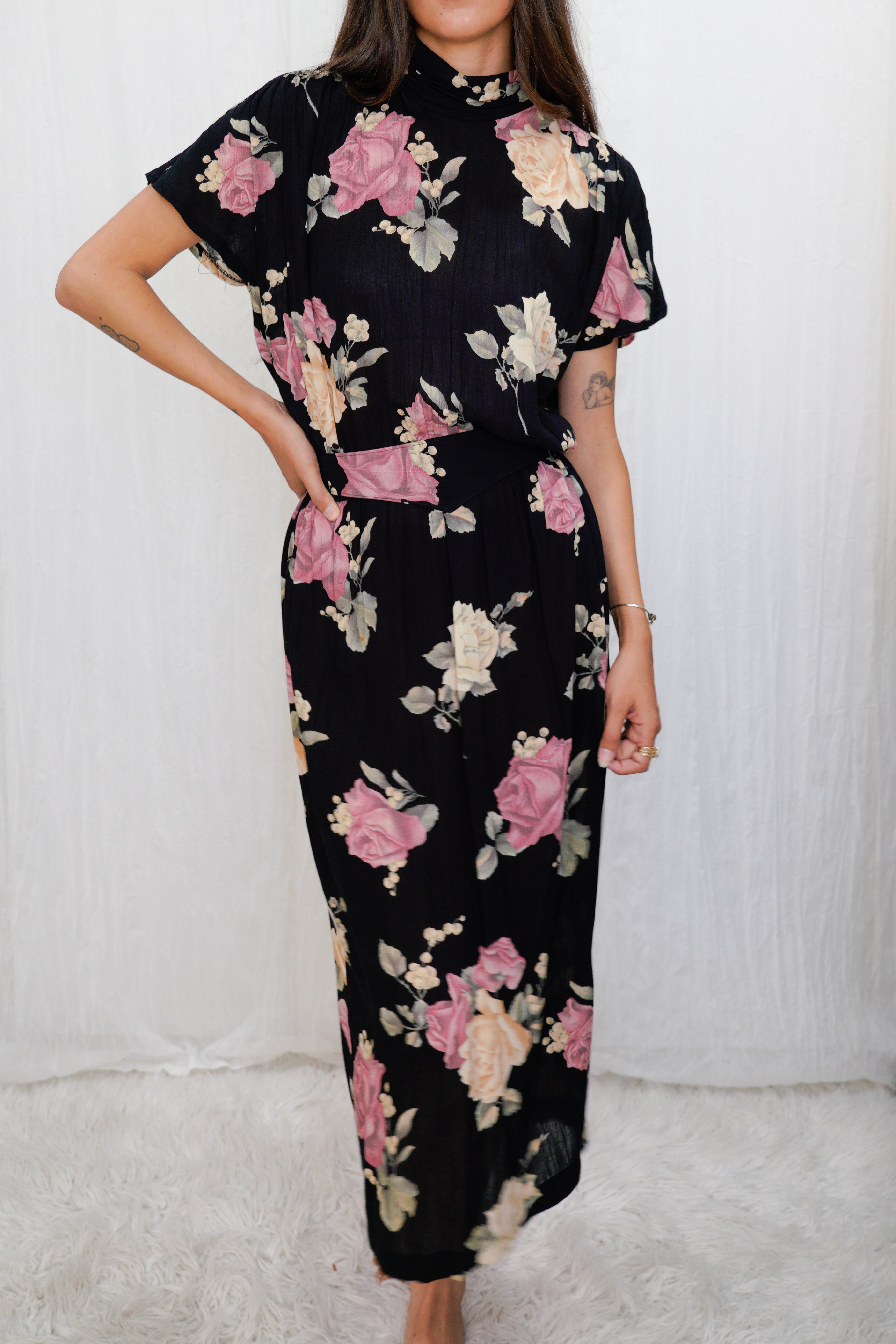 Vintage 1980-1990s Floral Rose Print Rayon Belted Maxi Dress