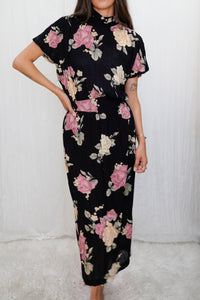 Vintage 1980-1990s Floral Rose Print Rayon Belted Maxi Dress