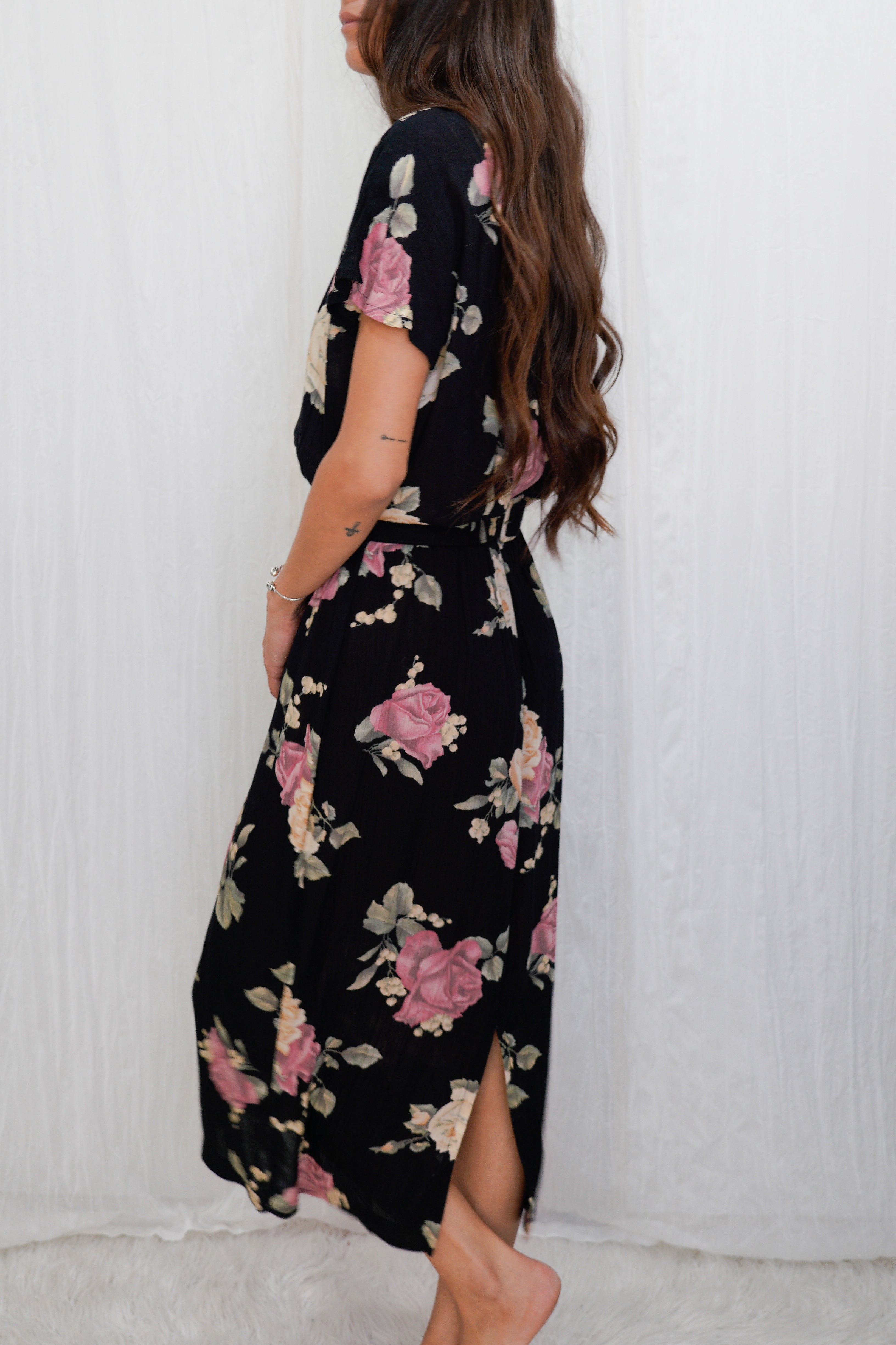 Vintage 1980-1990s Floral Rose Print Rayon Belted Maxi Dress