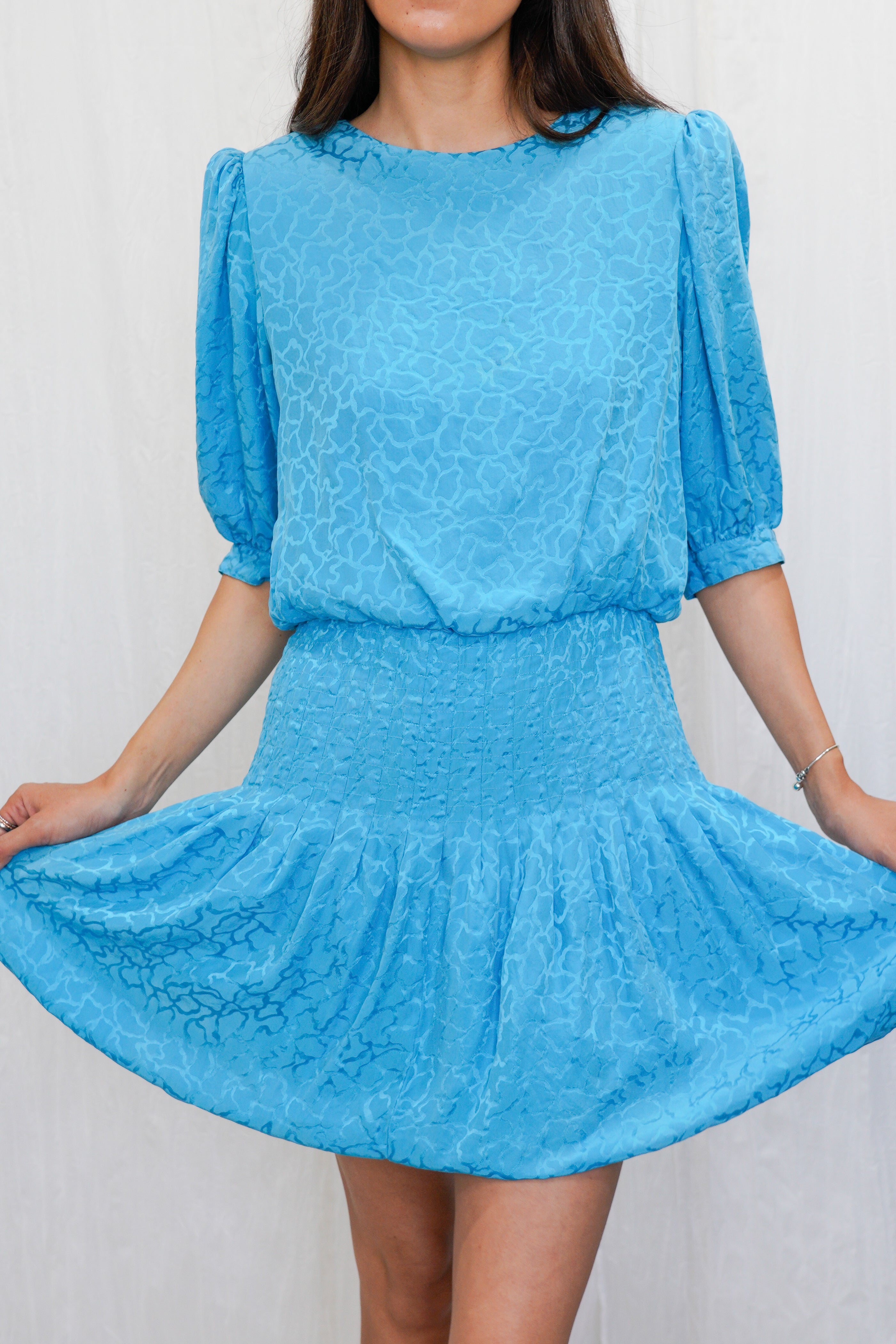 Re-Worked Vintage 1980s Aqua Blue Silk Jacquard Mini Dress