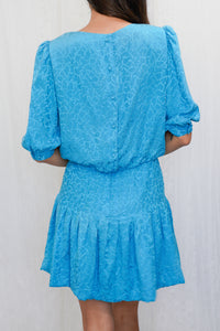 Re-Worked Vintage 1980s Aqua Blue Silk Jacquard Mini Dress