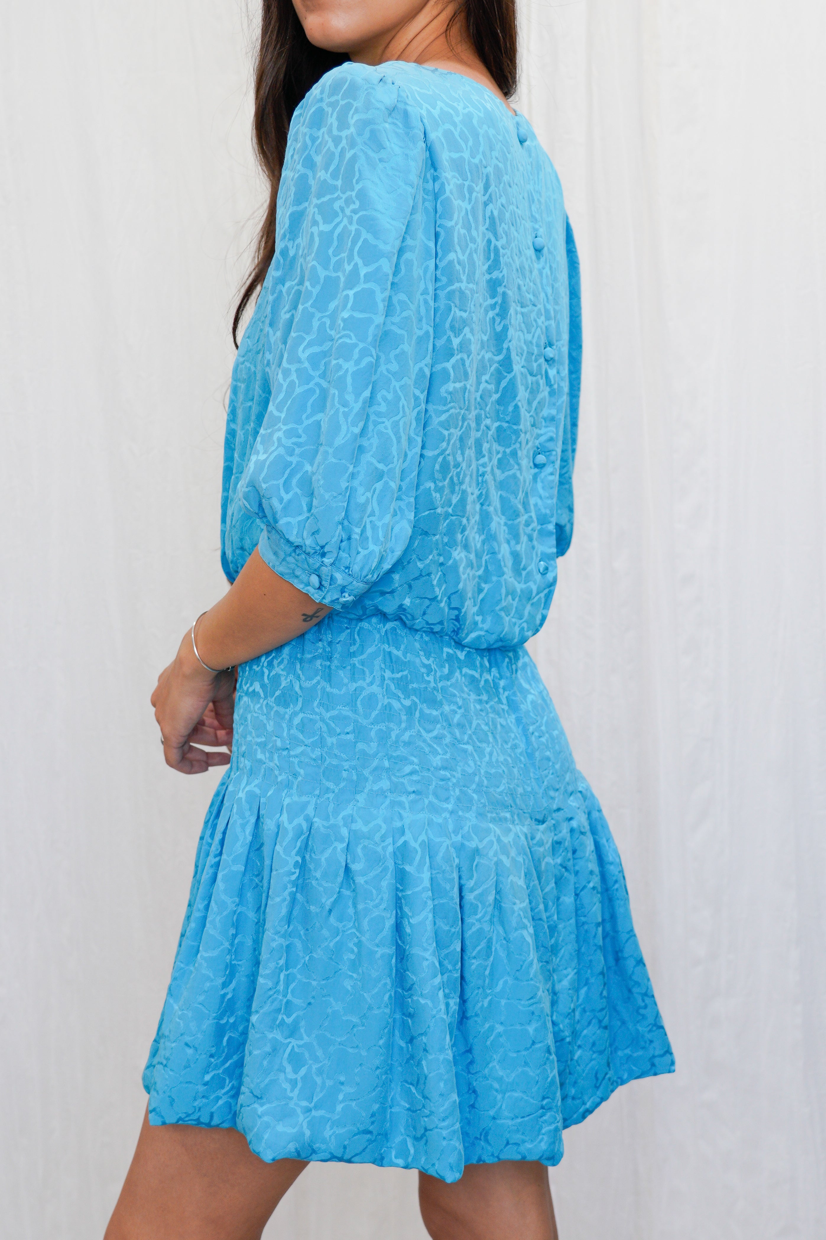 Re-Worked Vintage 1980s Aqua Blue Silk Jacquard Mini Dress