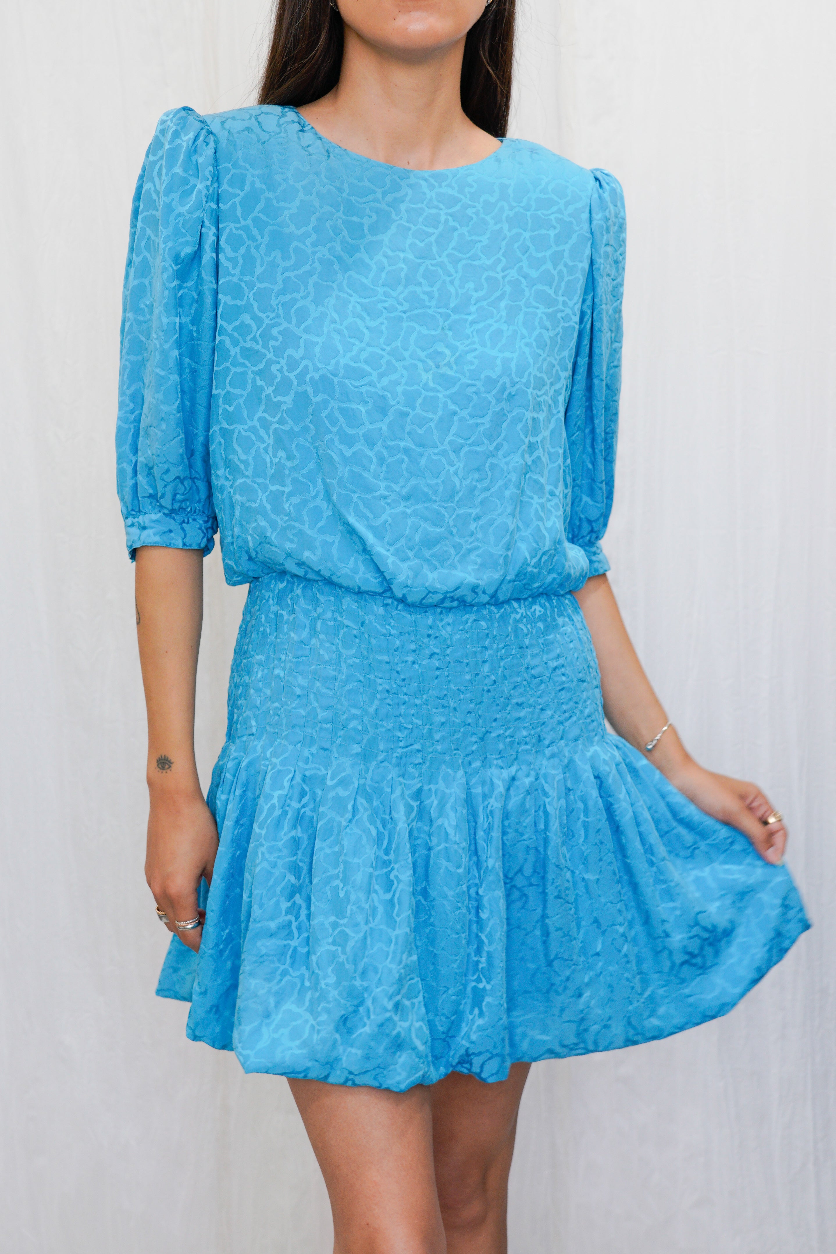 Re-Worked Vintage 1980s Aqua Blue Silk Jacquard Mini Dress