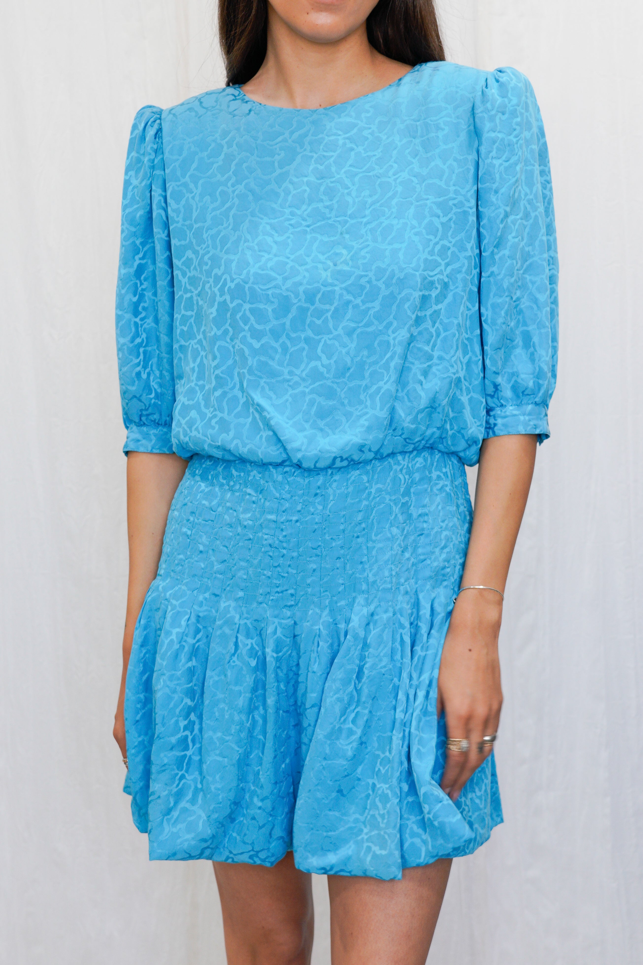 Re-Worked Vintage 1980s Aqua Blue Silk Jacquard Mini Dress