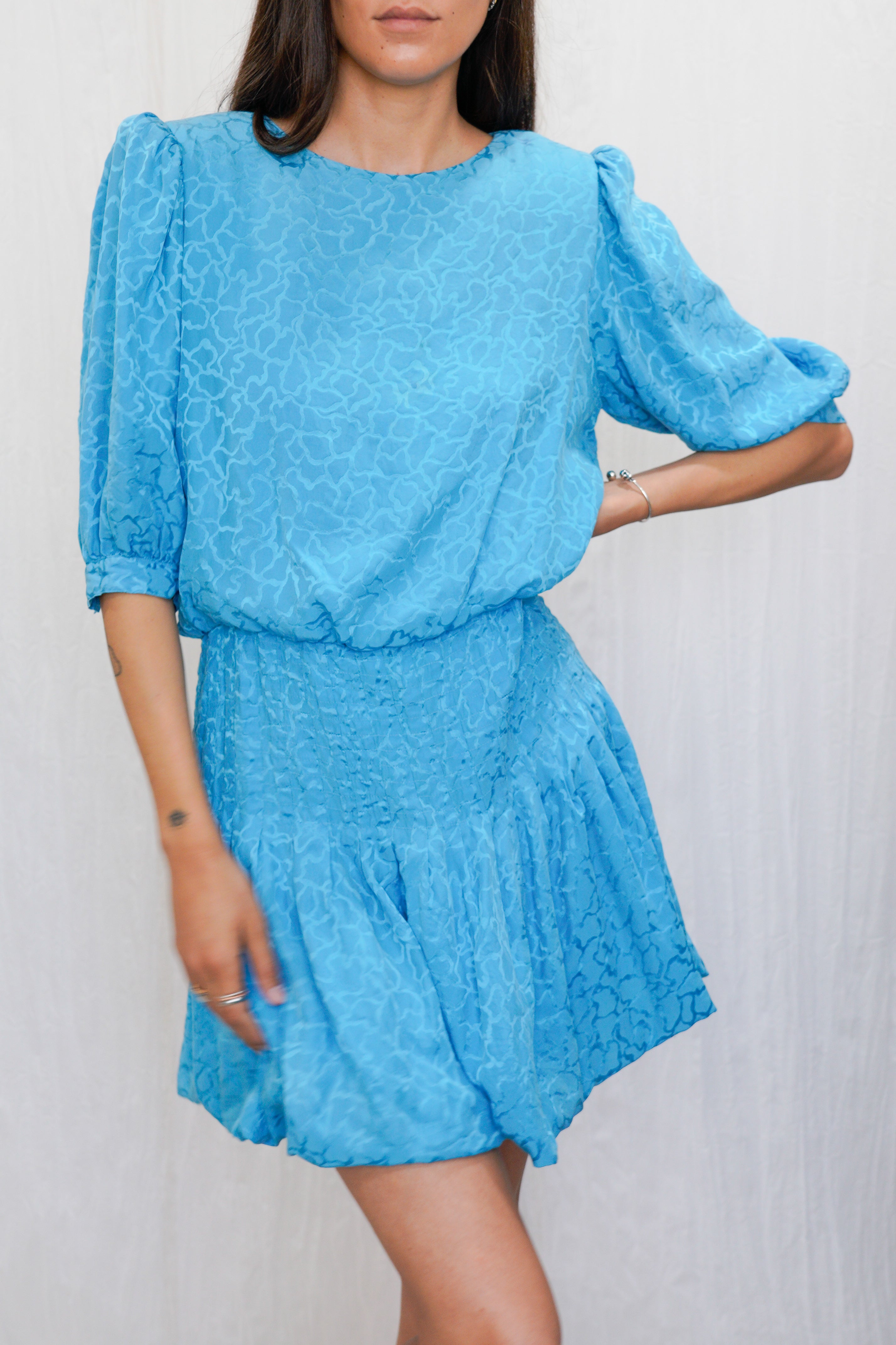 Re-Worked Vintage 1980s Aqua Blue Silk Jacquard Mini Dress