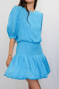 Re-Worked Vintage 1980s Aqua Blue Silk Jacquard Mini Dress