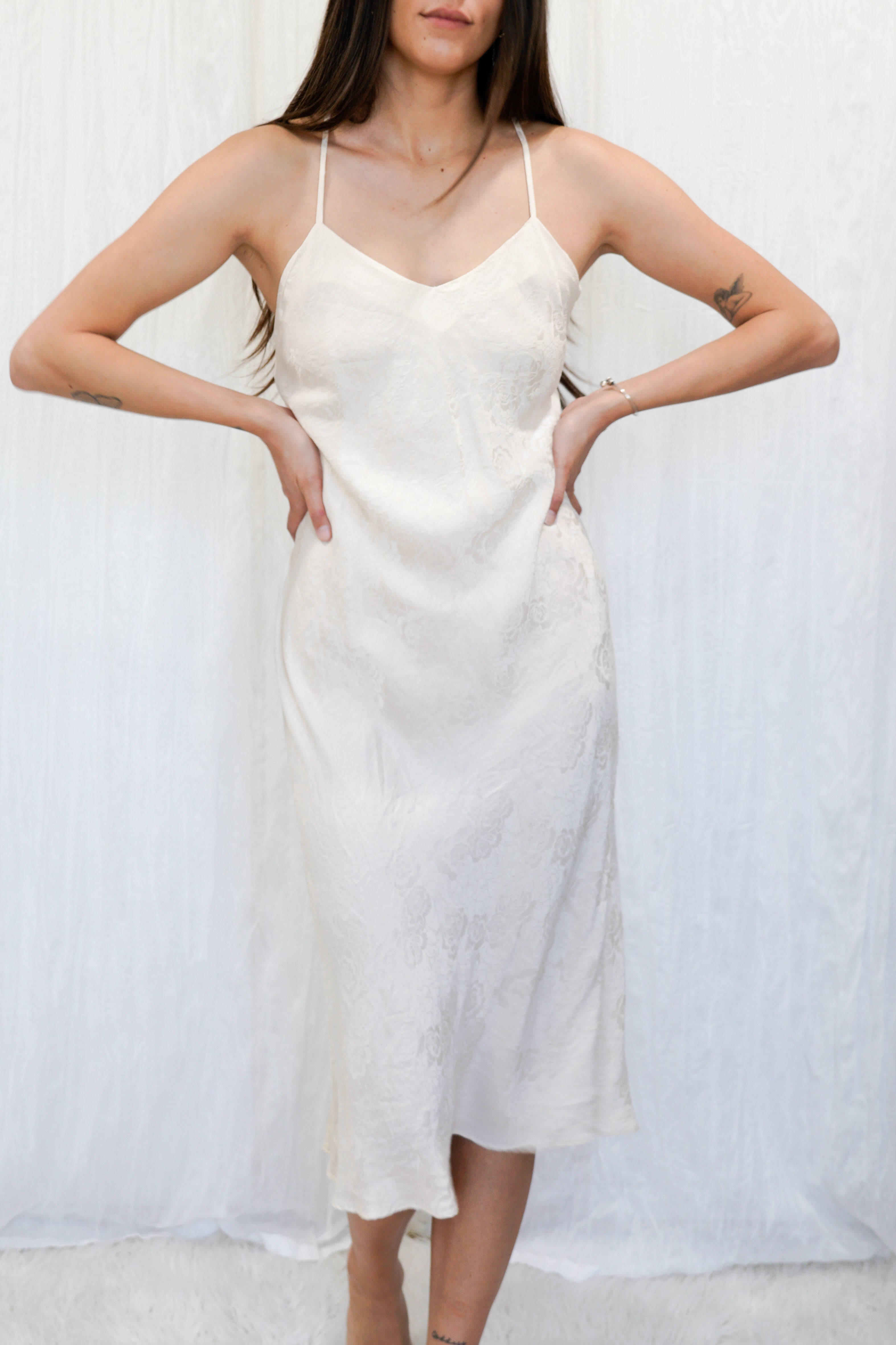 VINTAGE 1990s Ivory Silk Jacquard Bias Slip Dress