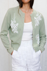 Vintage 1950s Sage Green Hand Beaded Cardigan Sweater