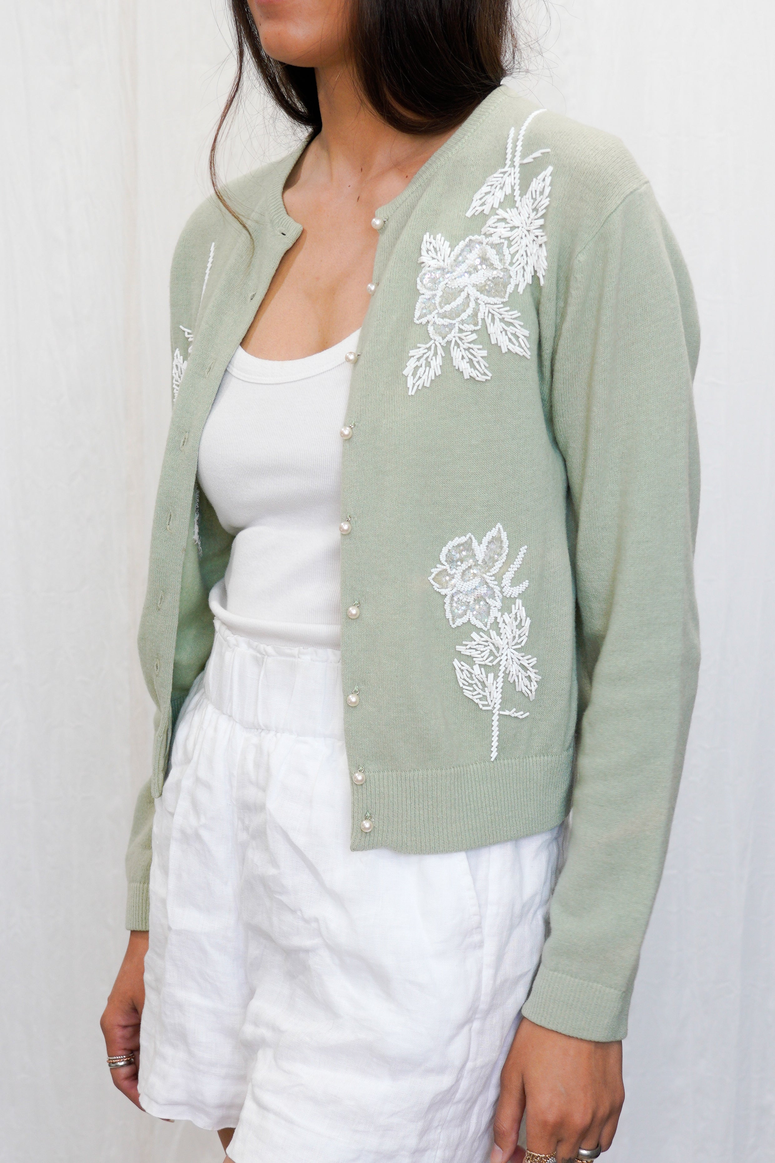 Vintage 1950s Sage Green Hand Beaded Cardigan Sweater