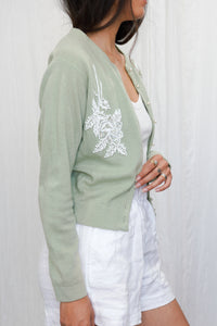 Vintage 1950s Sage Green Hand Beaded Cardigan Sweater