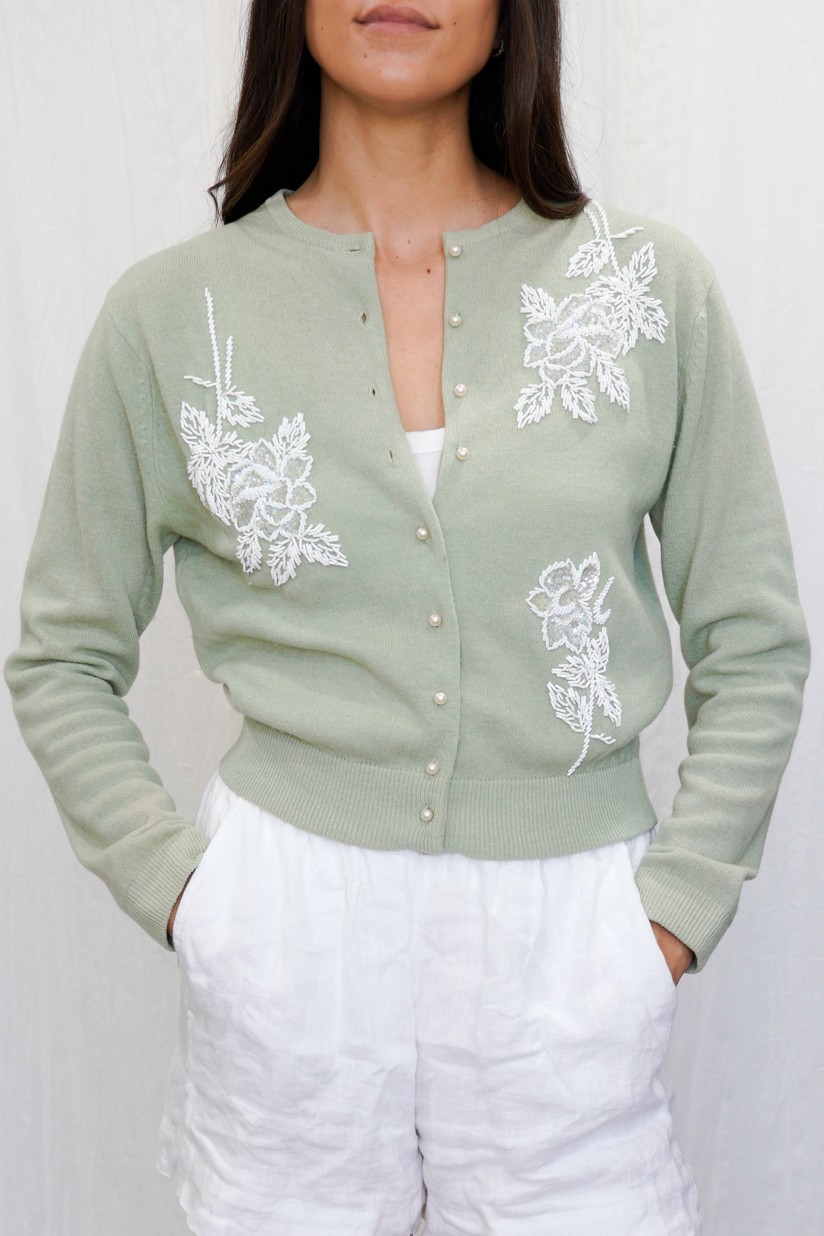 Vintage 1950s Sage Green Hand Beaded Cardigan Sweater