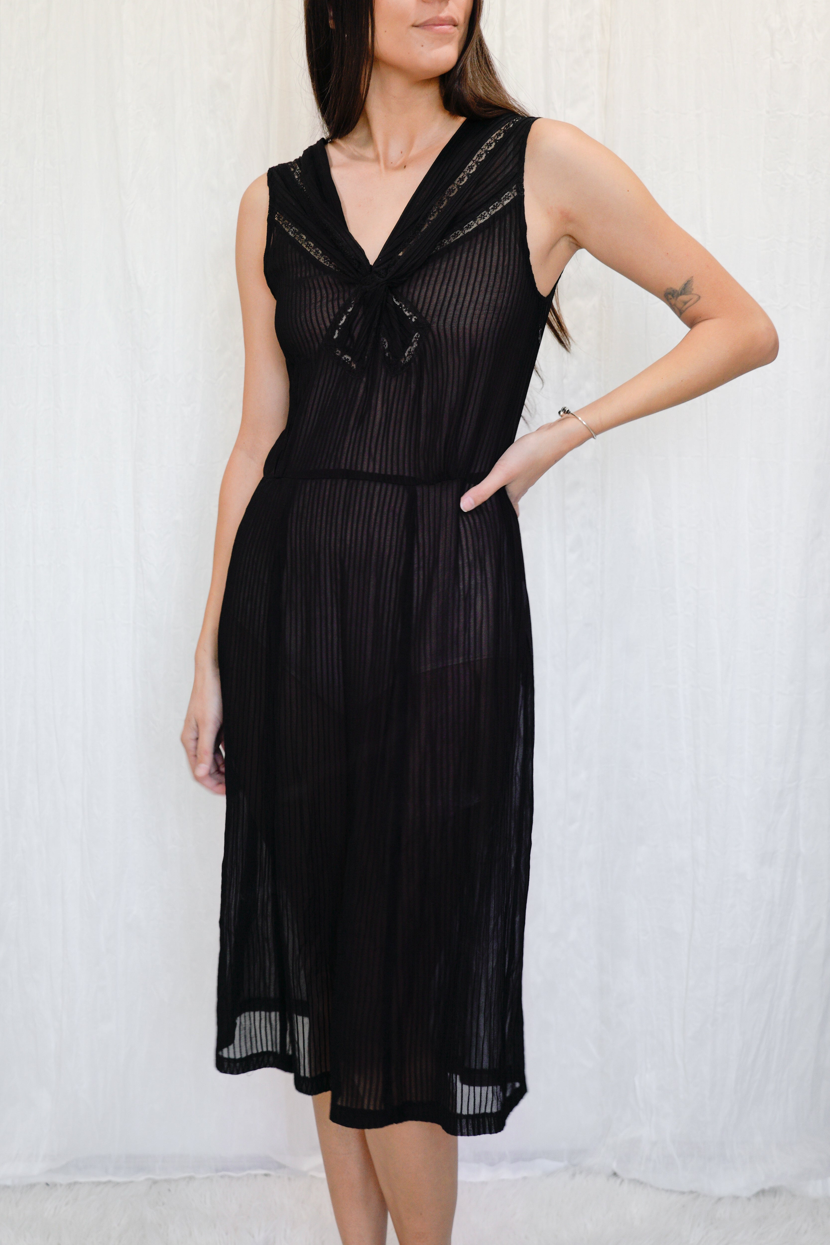 Vintage 1920s Inspired Pin-Tuck Chiffon Midi Dress