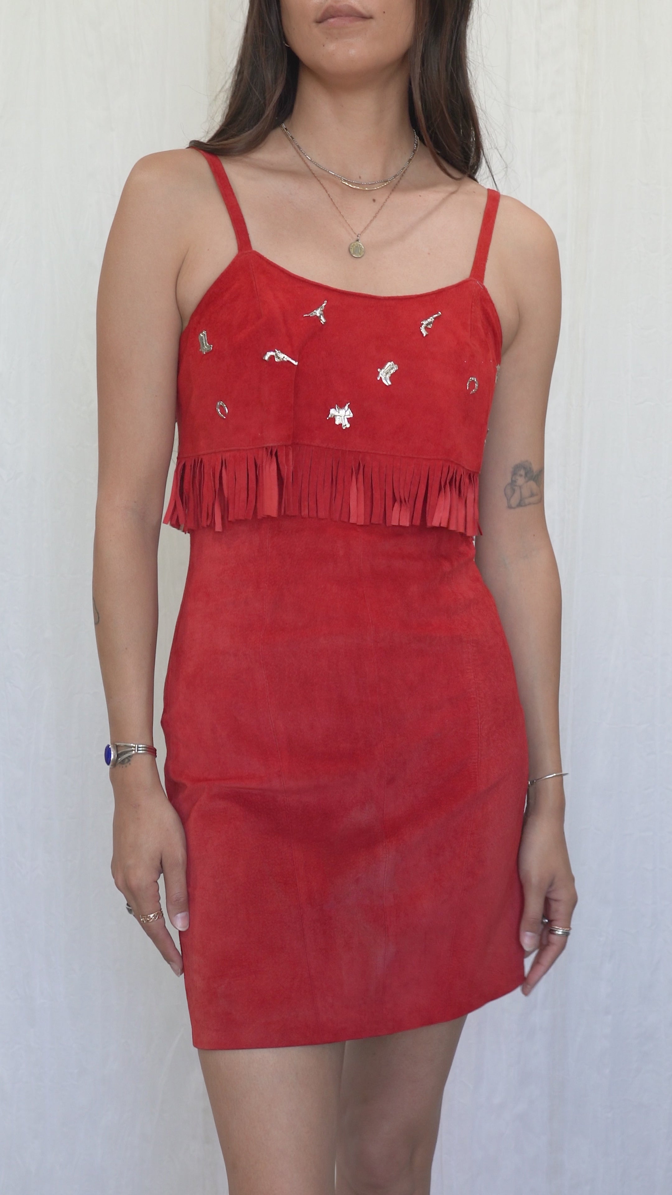 Vintage 1980-1990s Red Suede Leather Fringe Cowgirl Mini Dress