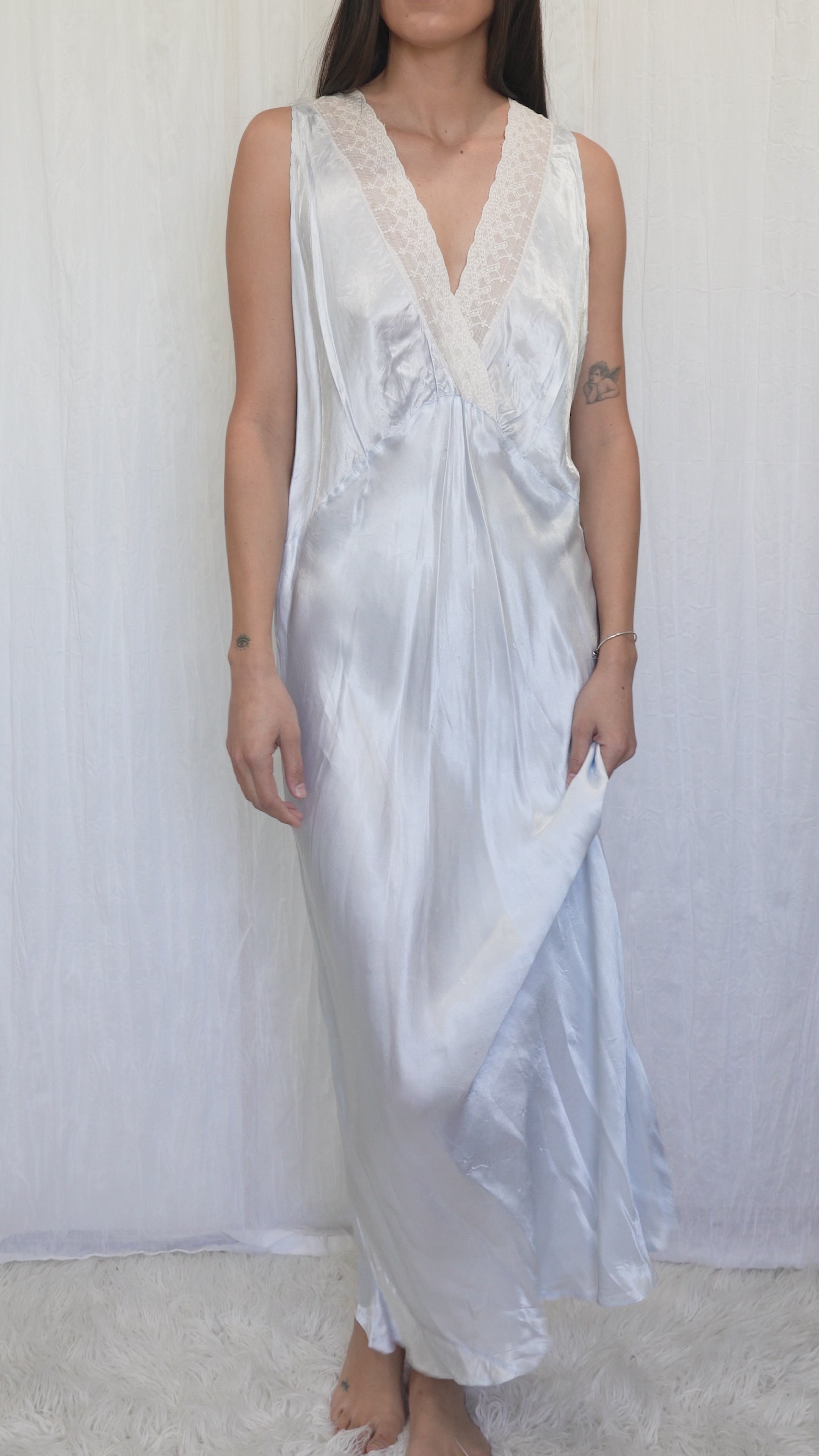 Vintage 1930-1940s Baby Blue Liquid Satin Bias Gown